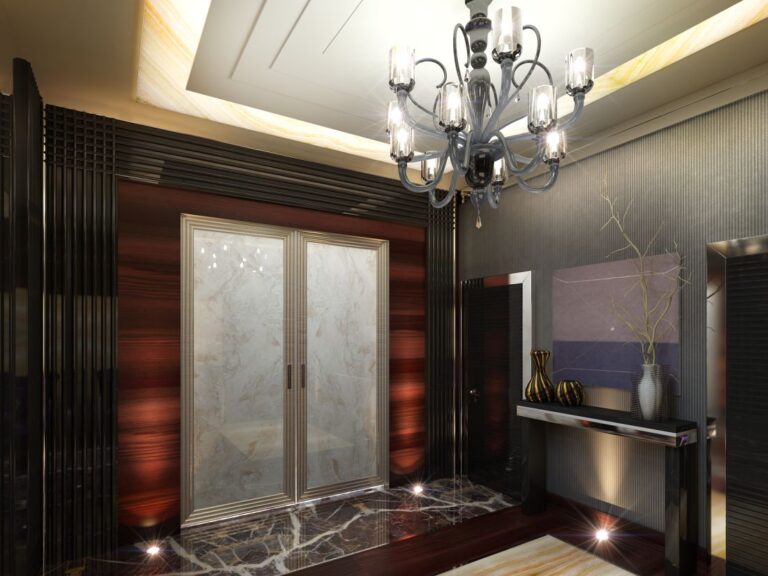 Подсвеченный потолок в интерьере холла в стиле арт-деко