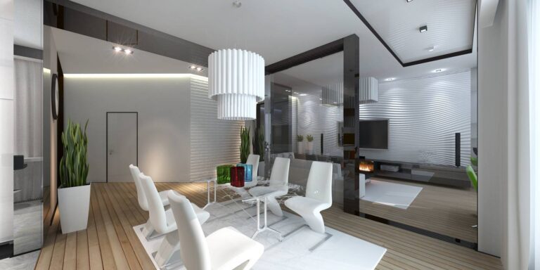 Дизайн столовой в черно-белых тонах с белой двухъярусной люстрой