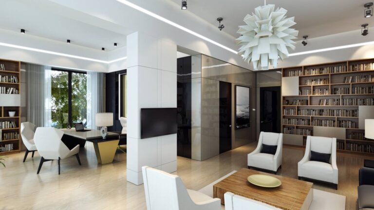 Современная стильная библиотека с белоснежными креслами