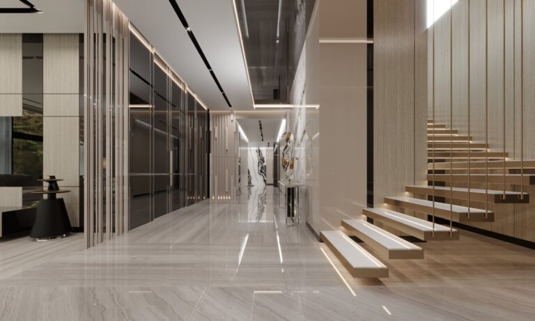 Оформление холла и подсвеченной лестницы