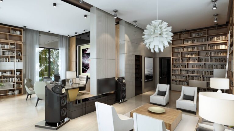 Интерьер современной библиотеки с дизайнерской белой люстрой