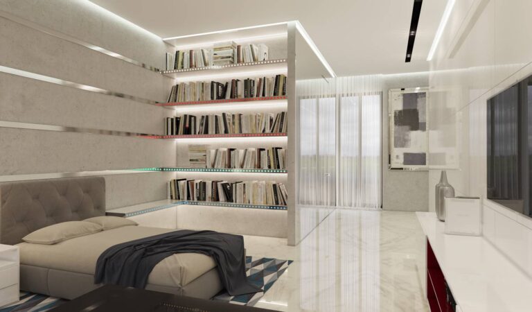 Разноцветная подсветка открытых полок, в дизайне компактной спальни