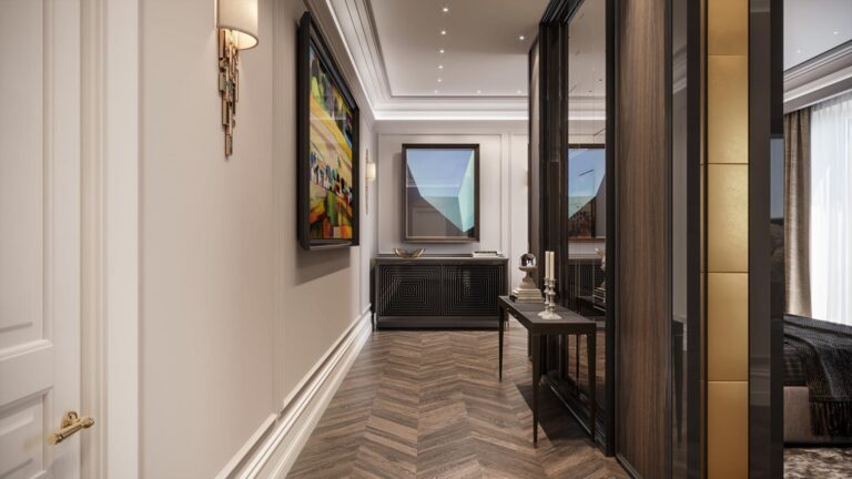 Сочетание бежевого и коричневого цвета в дизайн-проекте узкого холла