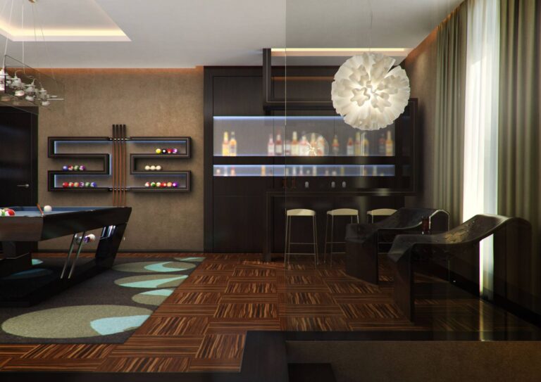 Дизайн бильярдной комнаты с изогнутой барной стойкой