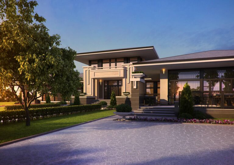 Фронтальный фасад коттеджа с панорамными окнами,  верандой и балконом