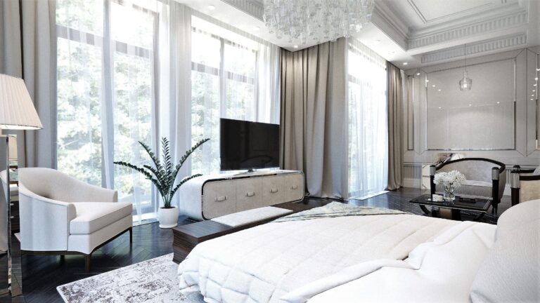 Панорамные окна в дизайне светло-серой спальни