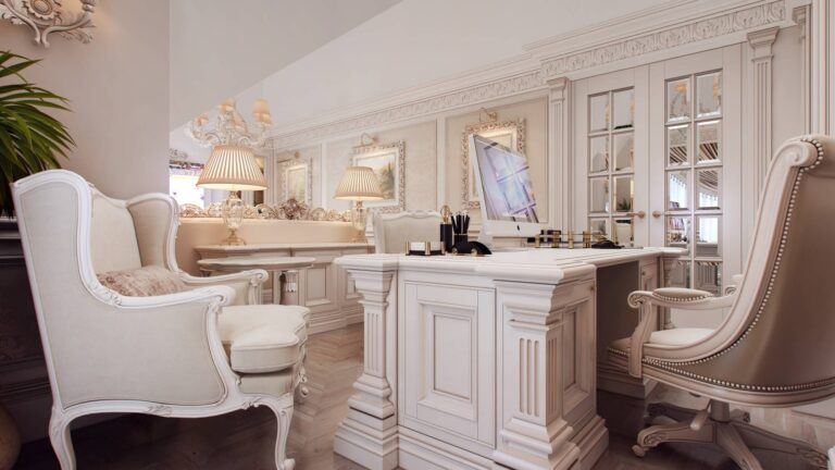 Массивный письменный стол в дизайне светлого рабочего кабинета