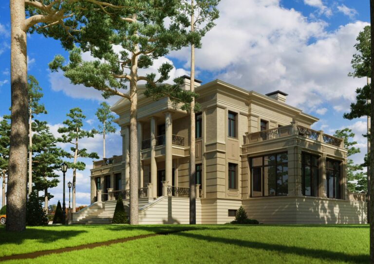 Французские окна и балкон на левом фасаде дома из кирпича и светлой отделки