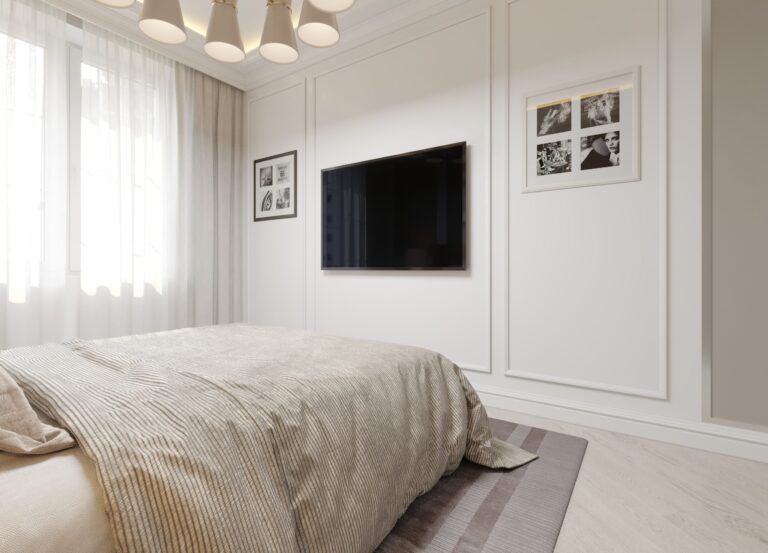 Светлая спальня с ТВ-панелью и коллажами