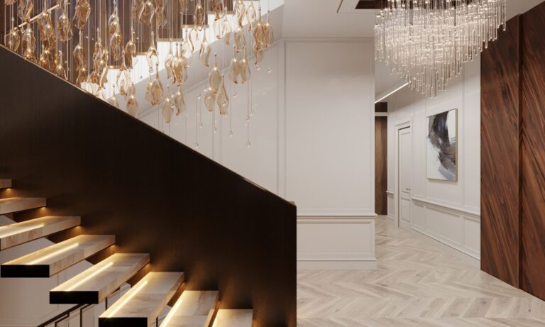 Оформление лестницы в современном коттедже