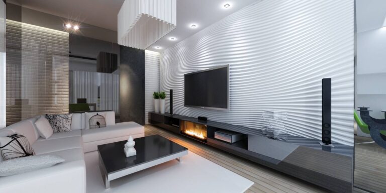 Белая декоративная панель с волнистым узором в дизайне светлой гостиной