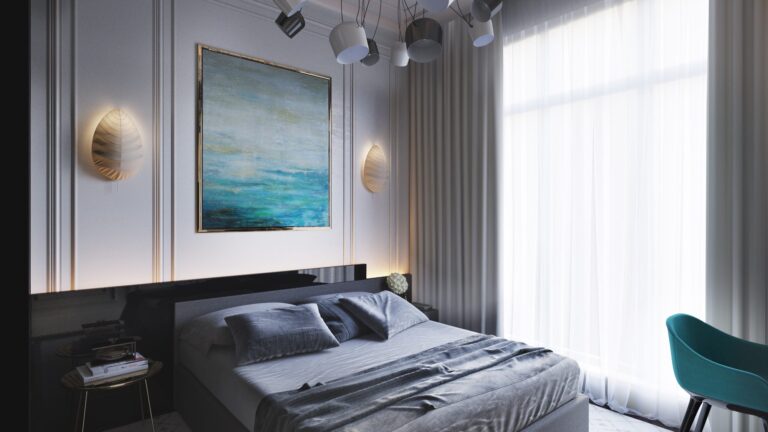 Дизайн черно-белой спальни с серой кроватью
