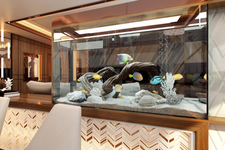 Дизайн-проект кухни с большим декорированным аквариумом