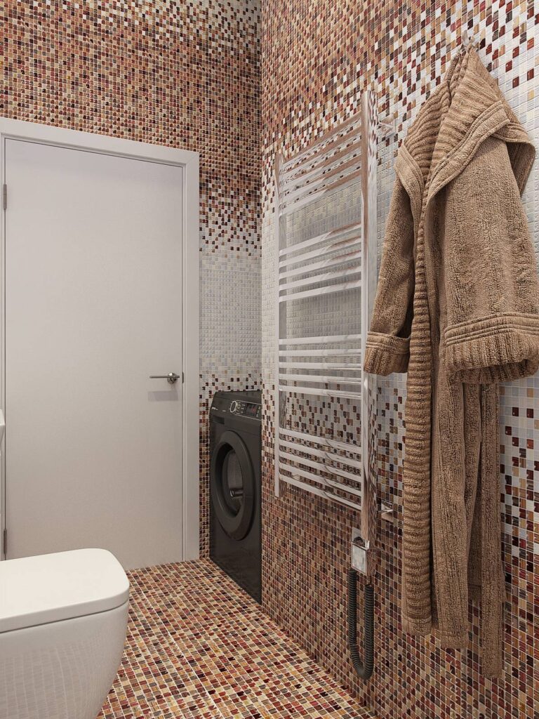 Санузел с черной стиральной машиной и сушилкой из хромированного металла