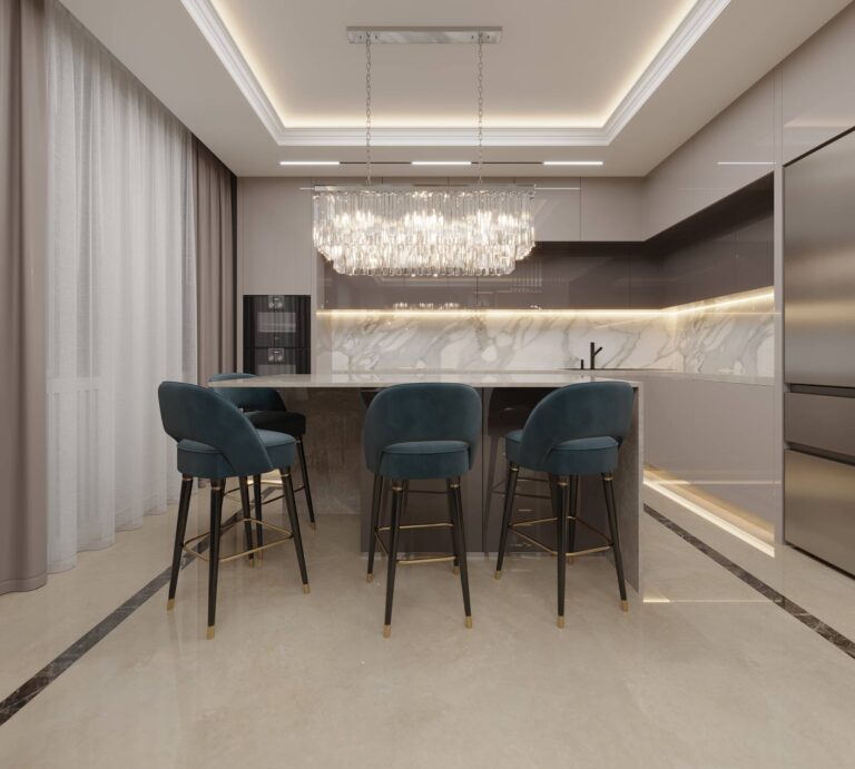 Дизайн кухни с островом и барными стульями