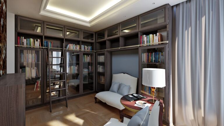 Интерьер библиотеки в серо-голубых тонах с угловой мебелью