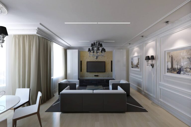 Два окна и эркер в дизайне интерьера гостиной