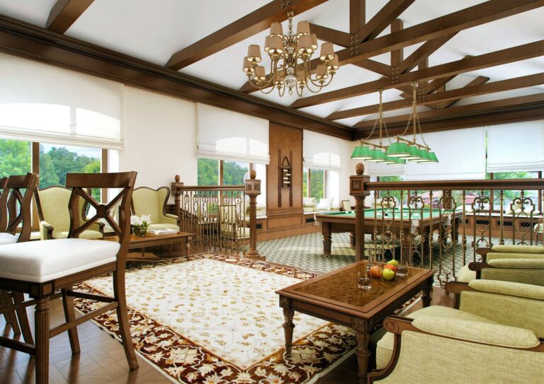 Дизайн-проект бильярдной с темно-ореховыми потолочными балками