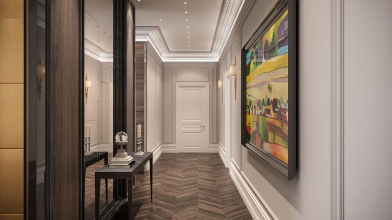 Декорированный коричневый пол в дизайне бежевого коридора