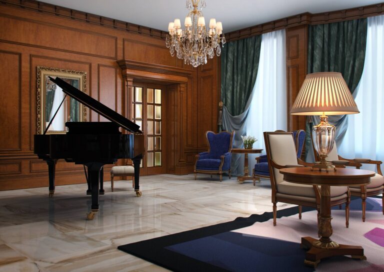 Дизайн гостиной с бархатными изумрудными портьерами