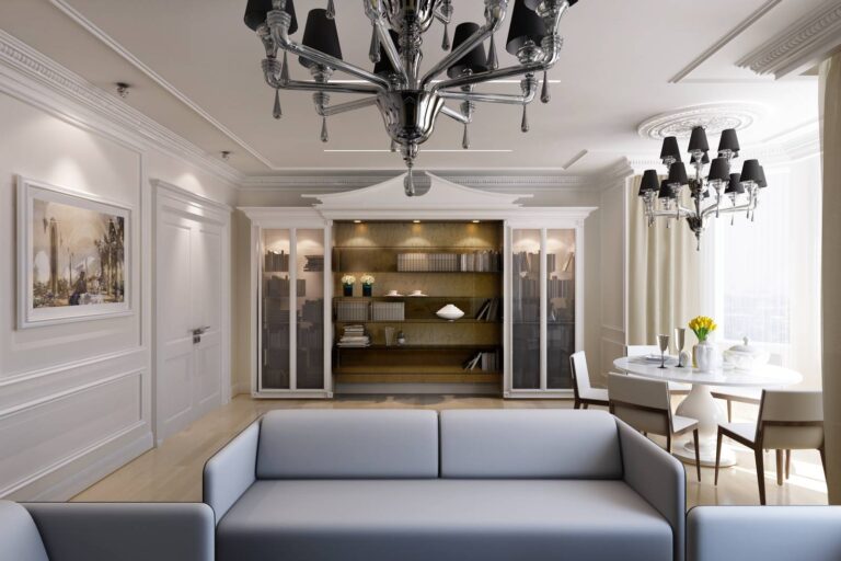 Дизайн интерьера большой гостиной с эркером