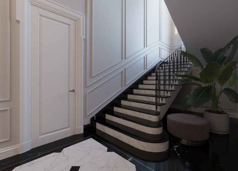 Черно-белый дизайн лестницы в белом интерьере холла