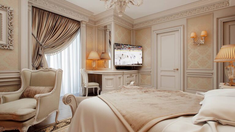 Спальня с большой угловой ТВ панелью