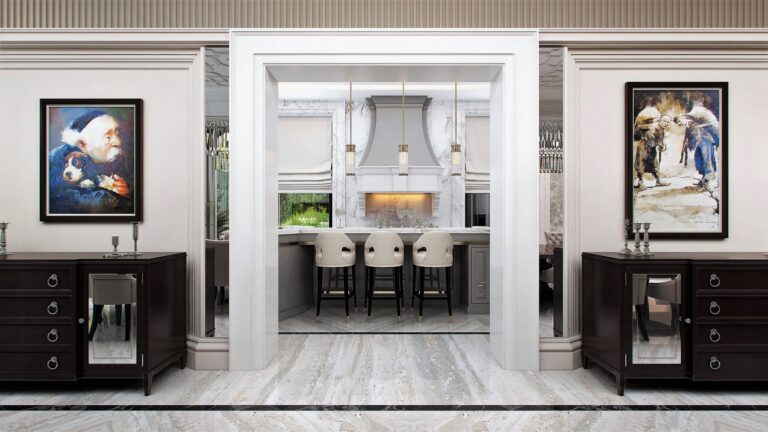 Рифленые стеновые панели песочного оттенка и боковые зеркала в отделке дверного проема