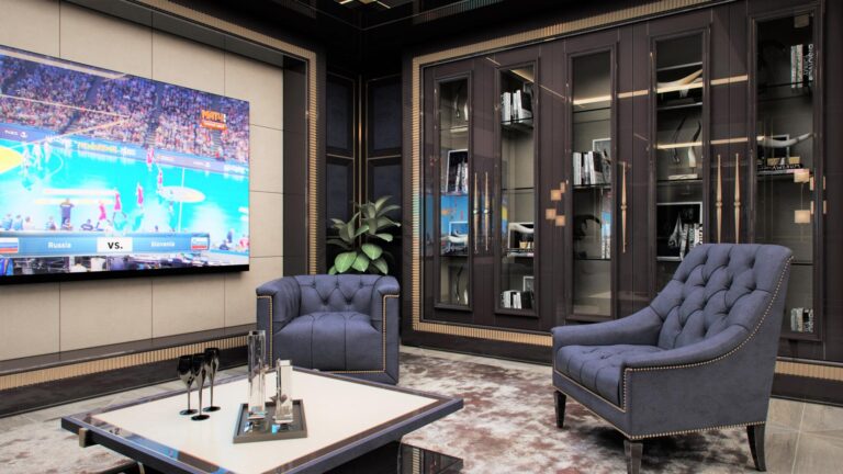 Декорированные фиолетовые кресла в дизайне гостиной