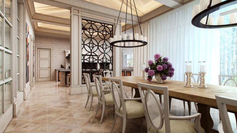 Стол из массива орехового оттенка в дизайне столовой