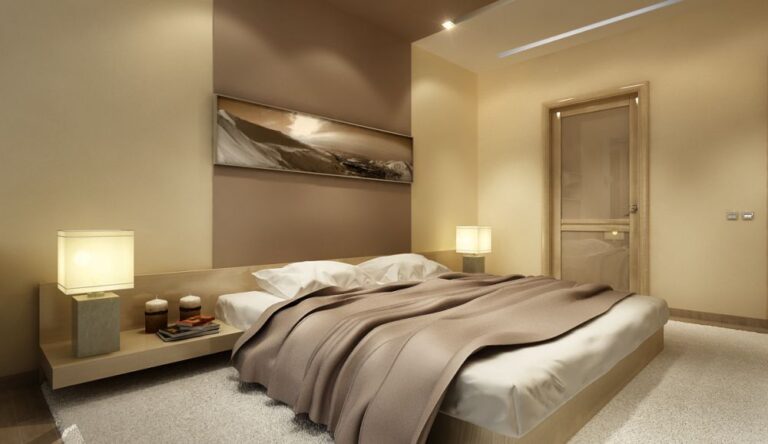 Пейзаж в коричневых тонах в оформлении стильной спальни