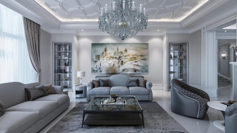 Голубой и бежевый диваны в дизайне белой гостиной