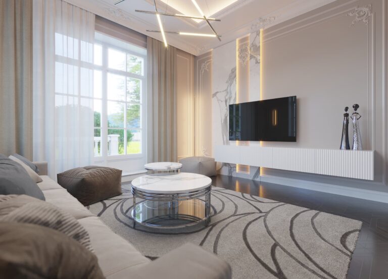 Интерьер гостиной с большим квадратным окном