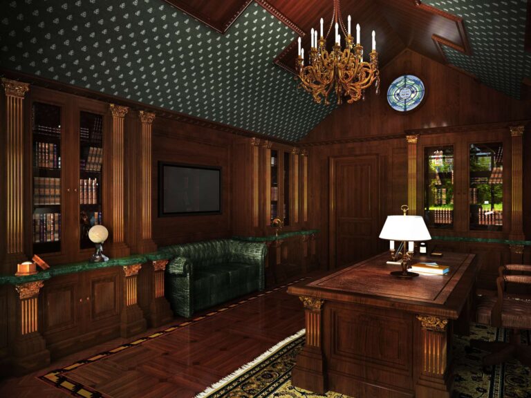 Интерьер кабинета в зеленом цвете с эффектной люстрой