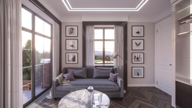 Дизайн-проект бежевого кабинета с глубоким серым диваном