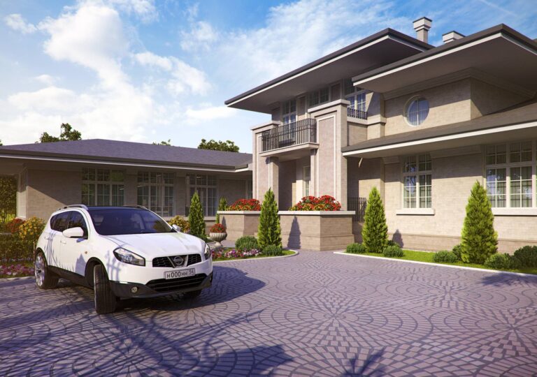 Зона для автомобилей перед фронтальным фасадом дома в палевой отделке