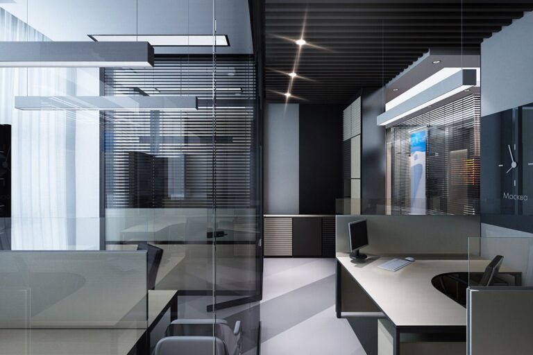 Интерьер рабочих мест со стеклянными перегородками