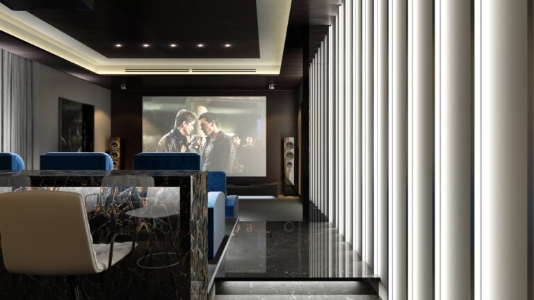 Домашний кинотеатр с полированными черными гранитными полами и барной стойкой