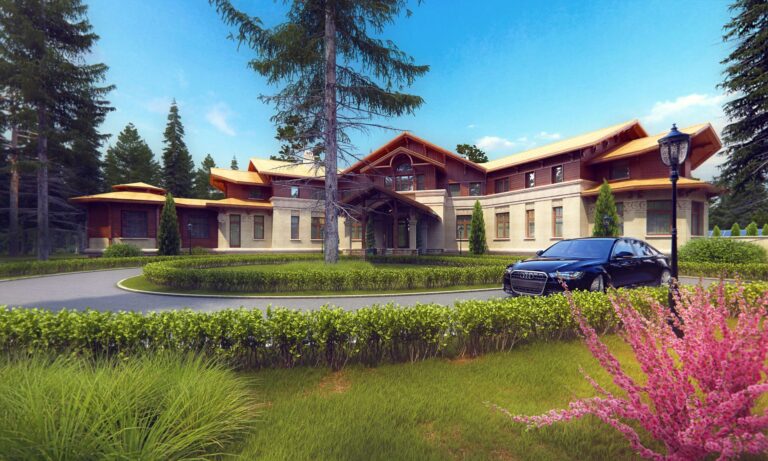 Крыльцо с двухскатной крышей на фасаде дома в светлой и коричневой  отделке