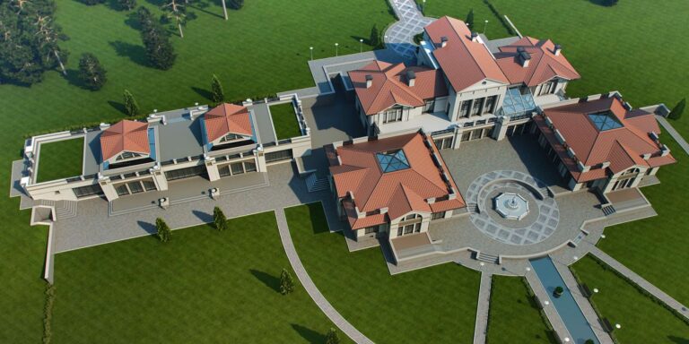 Вид сверху на загородный особняк и прилегающий участок