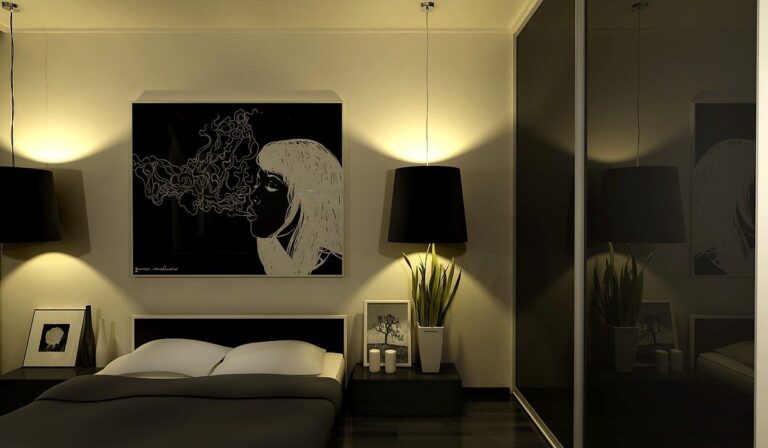 Дизайн спальни в стиле арт-деко с черными абажурами