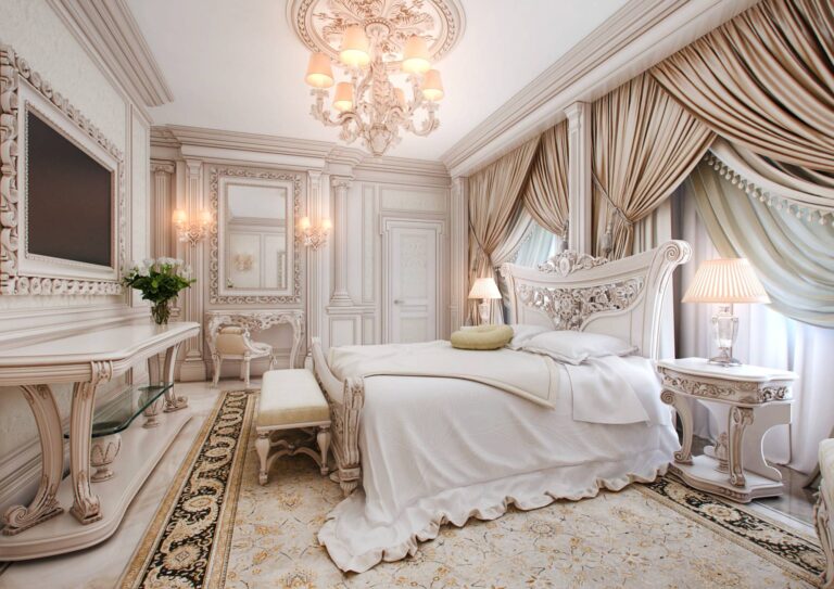 Дизайн спальни с резной мебелью и декором