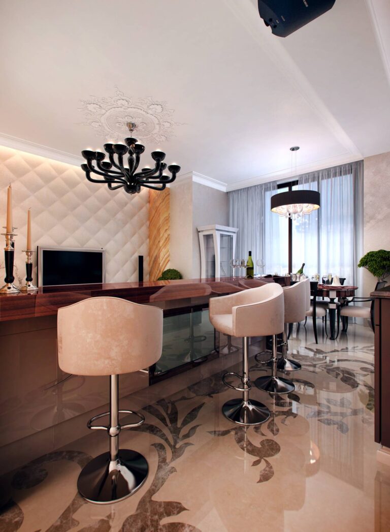 Интерьер столовой с длинной барной стойкой