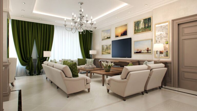 Гостиная в сочетании бежевого, темно-зеленого и коричневого цветов