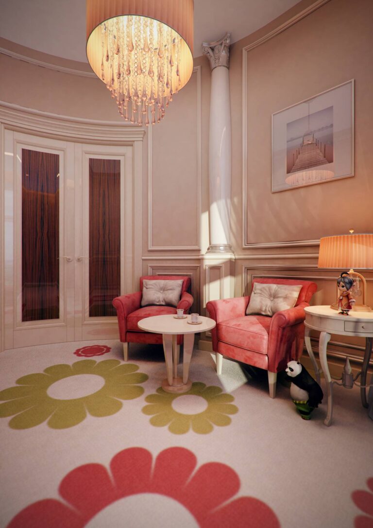 Оформление детской с двумя красными креслами и столиком