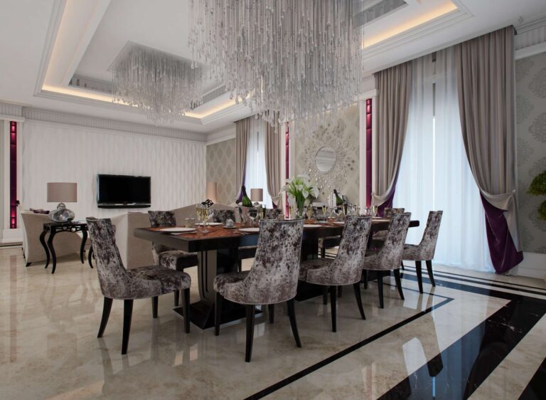 Дизайн столовой с черным обеденным столом