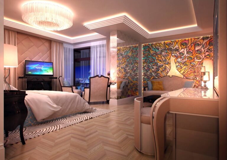 Фото просторной спальни при свете