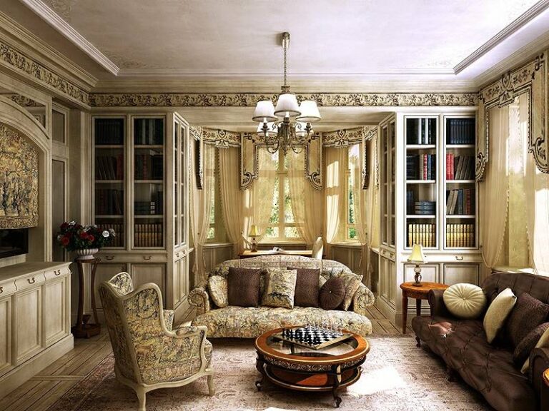 Элегантный дизайн гостиной с маленьким столиком в эркере