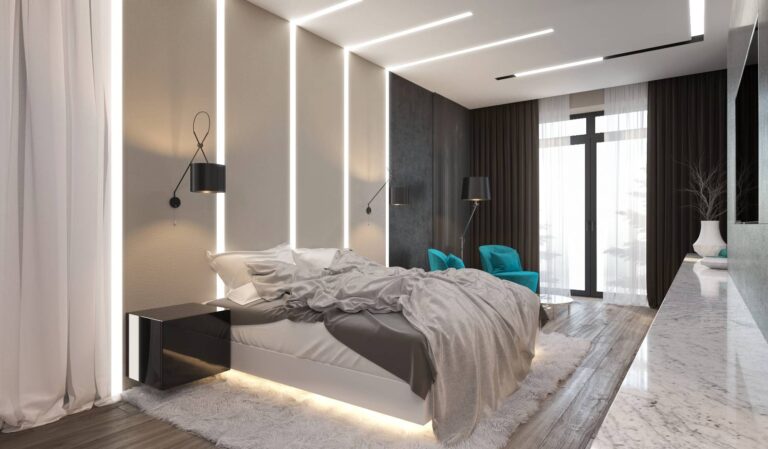Концепция встроенного и настенного освещения в интерьере современной спальни