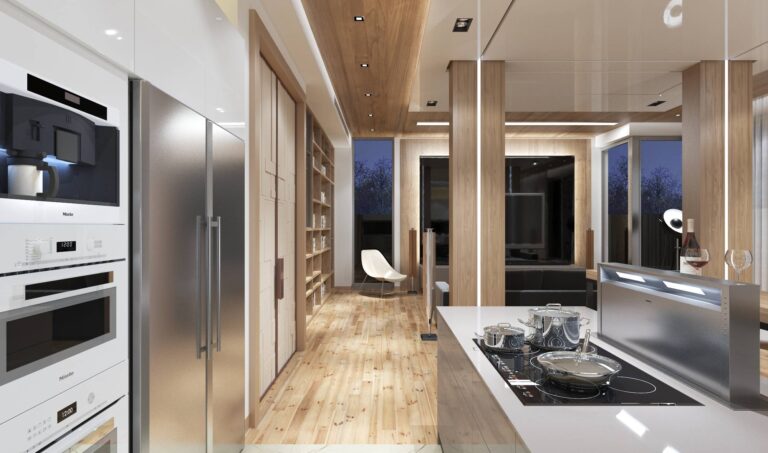 Эко дизайн  кухни в сочетании сатинированной стали, белого глянца и массива древесины